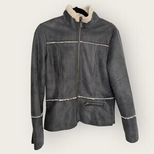 prAna Esme Faux Suede Moto Jacket Medium Gray Sherpa Lined Zip Mock Neck